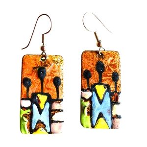 Bronze earrings with hand painted pattern